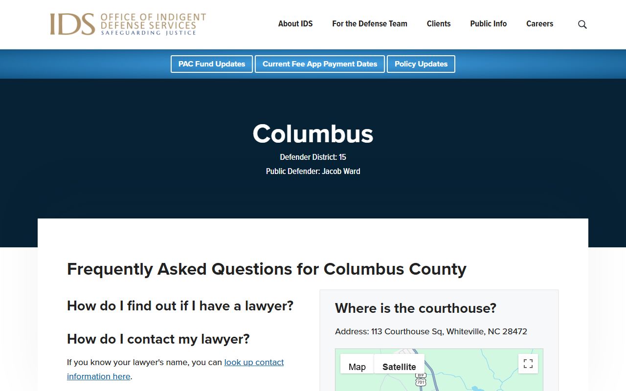 Columbus County Clerk of Superior Court records and NCIDS defender office reference