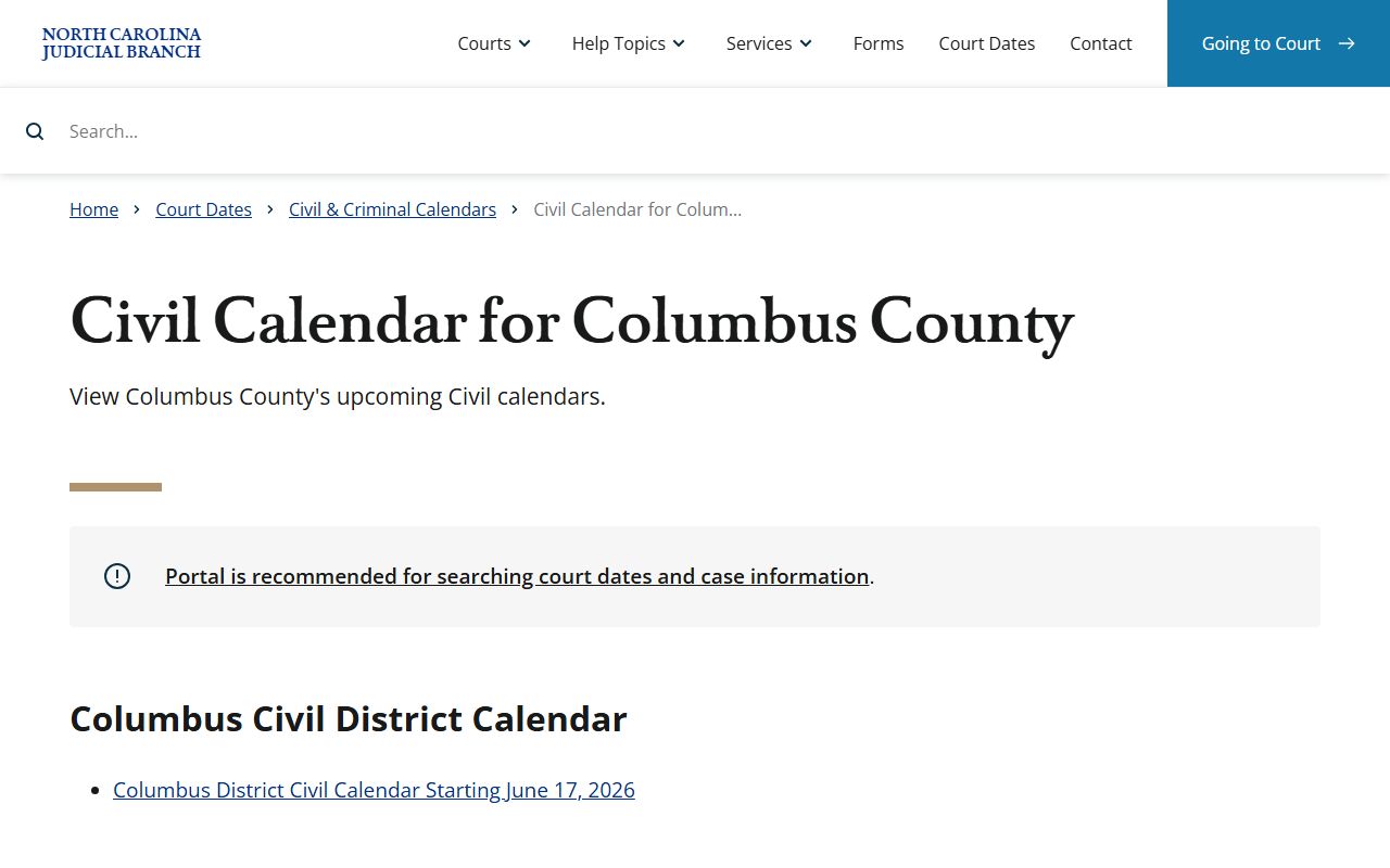 Columbus County court dockets civil calendars
