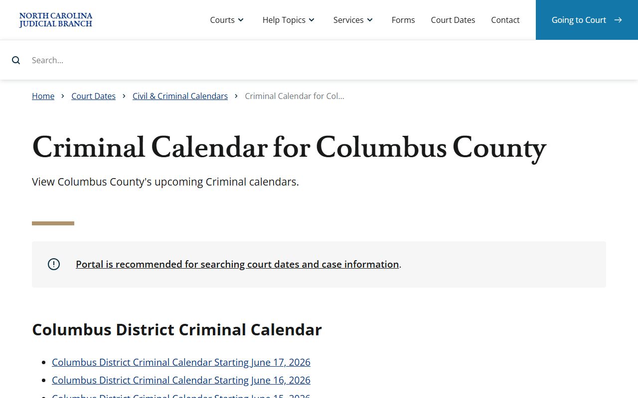 Columbus County court dockets criminal calendars