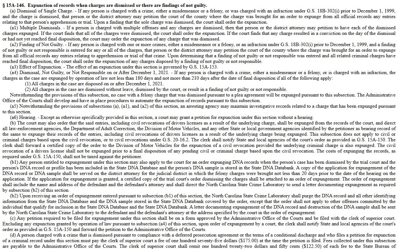 Columbus County criminal court records dismissal and not guilty expunction statute