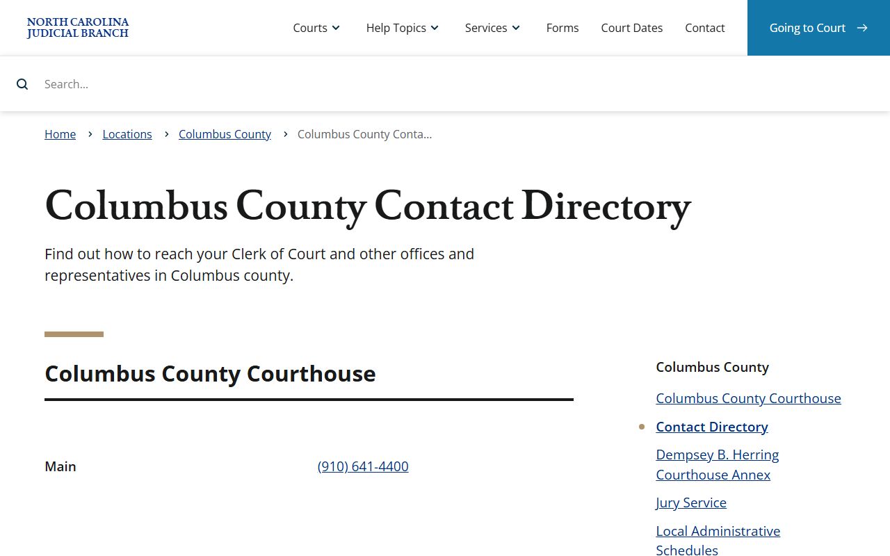 Columbus County Court records contact directory for court offices