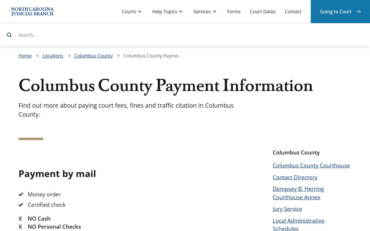 Columbus County Court records payment information for local court and traffic fees