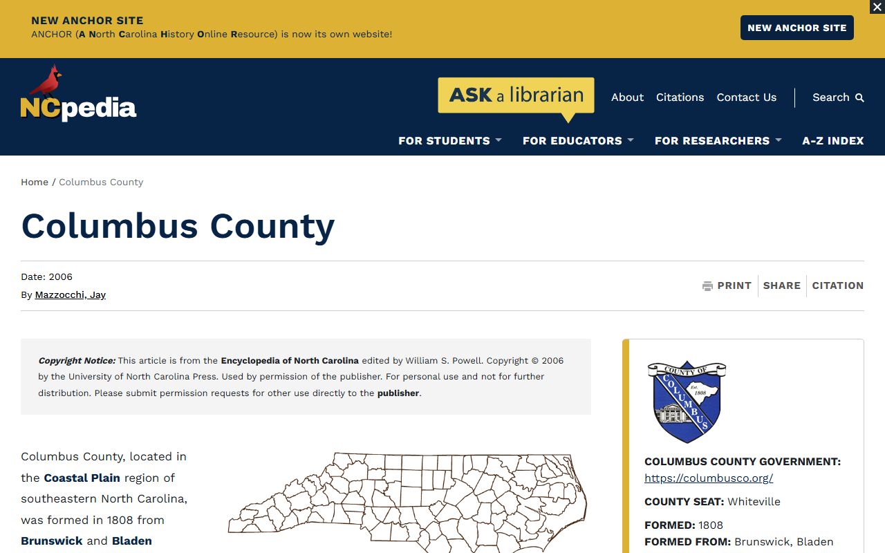 Columbus County Court records and county history from NCpedia