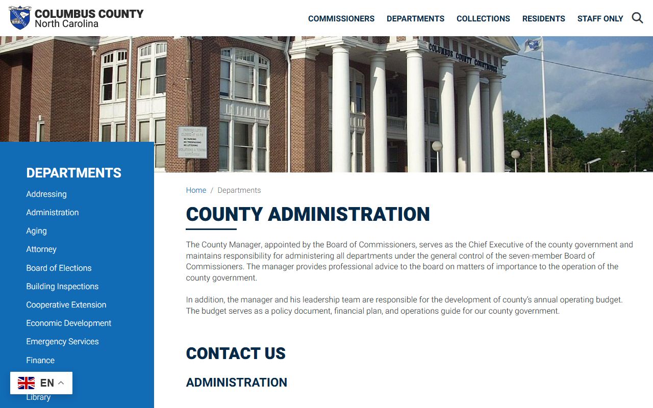 Columbus County marriage and divorce records county administration page