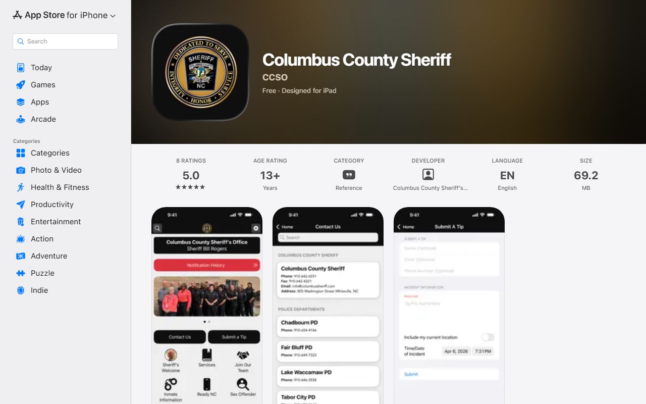 Columbus County warrant search sheriff iOS app